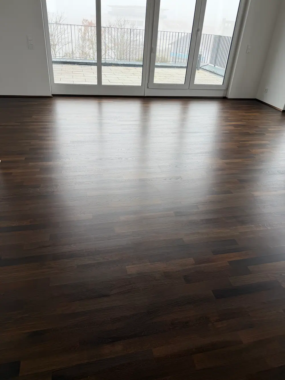 Dunkler Holzboden mit Lichtreflexen vor großen Fenstertüren.