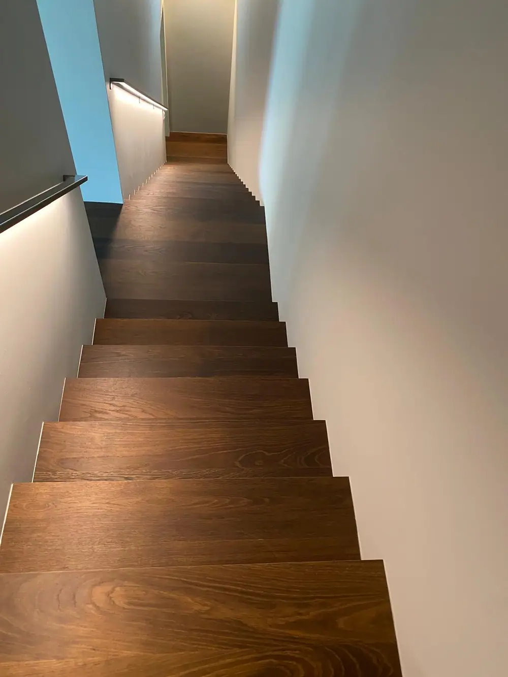 Blick von oben auf breite dunkelbraune Holzstufen mit sichtbarer Maserung in einem hellen Treppenhaus.